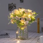 KELINGO Artificial LED White Rose Flowers with Glass Vase, Remote Control Led Light, Flower Arrangement for Table Centerpiece, Home Office Wedding Decoration