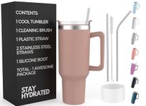 Re Tech UK - 40oz Tumbler with Straw and Lid + 2 Stainless Steel Straws, Silicone Boot, 1.2 litres, Insulated Cup -Travel Mug with Handle - Birthday Gift for Girls, Nude