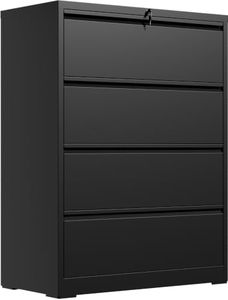 Yukimo 4 Drawer Lateral File Cabinet, Metal File Cabinets for Home Office with Lock, Large Filing Storage Cabinet Printer Stand, Steel Wide File Cabinet for Legal/A4/F4/Letter,Require Assembly, Black