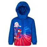 Marvel Spidey and His Amazing Friends Spider-Man Miles Morales Ghost-Spider Toddler Boys Zip Up Puffer Jacket 3T, Spidey and His Amazing Friends, Blue / Red, 3T