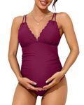 Charmo Women's Pregnancy One Piece Bathing Suits Scallop Trim Maternity Swimsuit V Neck Adjustable Straps Pregnant Swimwear Red M