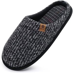 ONCAI Mens Slippers Black Knit Stripes Memory Foam Mule Slippers Slip On Warm House Indoor/Outdoor Shoes With Non-Slip Sole Size 9