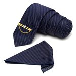 MUTAQINOTI Mens Blue Woven Premium Silk Necktie Set Incl Pocket Square Golden Tiepin American Style Formal Tie Gift Set for Men (BU06-GPC)