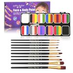 Joyeee Professional Face Body Painting Kit for Kids Adults 12 x 10gm Face Paint Set One Stroke Split Cakes Palette Non-Toxic Rainbow Body Paint for Halloween Christmas Cosplay with 10 Brushes