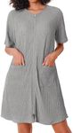 Ekouaer Women Zipper Robe Short Sleeves House Dress Knit Short Bathrobe Sleepwear with Pockets Housecoat Nightgown