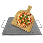 Large Baking Stone, Pizza Stone and Pizza Peel- Pizza Stone for Oven, Grill, BBQ and Gas Hob. Made from 100% Lava Stone with Chrome Rest Handle and Large Bamboo Pizza Peel, 2 Piece Kit