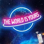 The World is Yours Neon Sign with Remote Dimmer, Ice Blue Pink Planet LED Neon Light Lamp for Wall Decor, Man Cave Home Bar Game Room Bedroom Birthday Gift Graduation Party