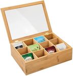 mDesign Bamboo Tea Storage Organizer Box - 12 Divided Sections, Hinged Lid with Easy View Clear Window Top - Stackable Holder for Tea Bags, Packets, and Other Small Items - Echo Collection - Natural