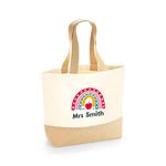 Personalised Teacher Bag with Teachers Name, Rainbow Design, Custom Teacher Tote Bag, Teacher Gift, Teaching Assistant Present, Teacher Thank You Gift, Jute Shoulder Bag, Book Bag