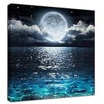 Hai dou ya Moon Painting Canvas Wall Art - Bright Moonrise On Sea Ocean Seascape cloud Picture for Living Room Decor Modern Landscape Print Poster Framed Ready to Hang Bedroom 12x12inch, Blue