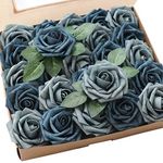 Floroom Artificial Flowers 25pcs Real Looking Dusty Blue Foam Fake Roses with Stems for DIY Wedding Bouquets Bridal Shower Floral Centerpieces Party Tables Decorations