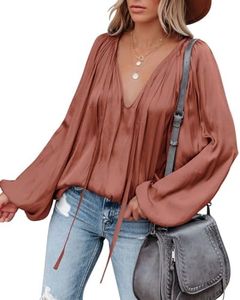 LAMISSCHE Womens Sexy Deep V Neck Blouse Lantern Long Sleeve Chiffon Shirt Oversized Drawstring Silk Satin Tunic, Brick Red, Medium