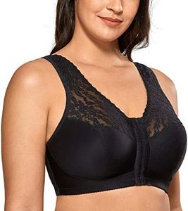 DELIMIRA Women's Front Closure Bras Racerback No Underwire Plus Size Full Coverage Lace Cotton Bra Black 38DD