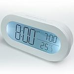 Digital Alarm Clock. For Bedroom, Office and Travel. Compact Styled Design. Large clear LCD Shows Time, Alarm, Room Temp. One Touch Snooze and Back Light. Battery Operated. A Great Gift.