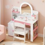 spanspace Kids Vanity with Lights, Princess Girls Vanity with Open Storage Shelves, Toddler Vanity Table and Chair Set, Perfect for Bedroom or Playroom