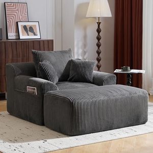 Maakkuu 59'' Boneless Chaise Lounge Chair with Ottoman, Oversized Corduroy Upholstered Couch, Deep Seat Comfortable Reading Chair, Compact Sofa Bed for Livingroom/Bedroom (Dark Grey)
