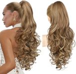 REECHO Ponytail Extension, 24" Claw Clip in Long Curly Wavy Ponytail Hair Extension Jaw Clip on Pony Tails Hairpiece for Women - Light Brown with Highlights