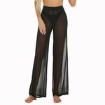 RUEWEY Women See Throug Mesh Cover up Pants Swimsuit Bikini Bottom Cover up Wide Leg Palazzo Trousers (L, Black)