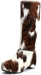 XOBZJH Women’s Cowhide Calf Hair Knee-High Winter Boots, Wool-Lined Warm Fur Snow Boots with Built-In Waterproof Platform, Anti-Slip Sole, Animal Print Western Style Real Cow Hide Boots