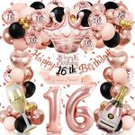 Sweet 16 Birthday Decorations for Girls: 93pcs Rose Gold 16th Birthday Decorations with Confetti Black Number 16 Balloons, Happy Birthday Banner Sash Cake Topper Gift for Sweet Sixteen Birthday Party