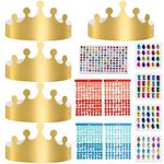 5Pcs Golden Paper Crown Hats Party Crown Paper Hat Gold Party Hat Paper Princess Crowns 9Pcs Rhinestone Sticker for Boy Girl