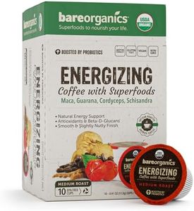 BareOrganics Energy Medium Roast Coffee, Organic, 10 K-Cup Pods, Superfoods & Probiotics Infused, Vegan, Gluten Free, 10 Single Serve Cups