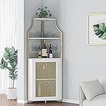 Amyove Corner Wine Bar Rack Cabinet with Detachable Wine Rack, Bar Cabinet with Glass Holder, Small Sideboard and Buffet Cabinet with Mesh Door, Gold