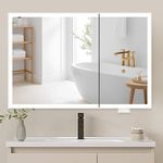 Udekoo White Bathroom Medicine Cabinet with 2 LED Mirror Doors, 100X60 cm Aluminum Dimmable Mirrored Cabinet with 3 Shelves, Wall Mounted/Recessed Storage Corner Cabinet with Built-in Defogger