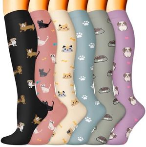 Sooverki Compression Socks for Women & Men 6 Pairs is Best Supportive Knee High Stockings for Cute Fun Dog Cat Animals Patterned Nylons Fabric Polyester Sets Elastic Hosiery Presents