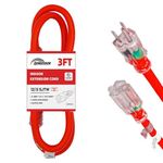 HONDERSON 3 FT 12/3 Lighted Outdoor Extension Cord - 12 Gauge 3 Prong SJTW Heavy Duty Neon Red Extension Cable with 3 Prong Grounded Plug for Safety,UL Listed