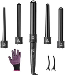 Curling Iron Set, 5 in 1 Curling Iron Curl Wand Set Barrel Produces Loose Curls with 5 Interchangeable Ceramic Barrels 0.35'' to 1.3'', Fast Heating Hair Curler Kit with Protective Glove & 2 Clips