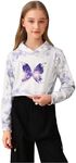 OYOANGLE Girl's Tie Dye Butterfly Print Long Sleeve Crop Hoodie Pullover Sweatshirts Tops White 10Y