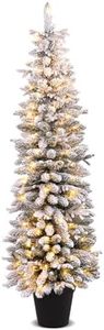 COSTWAY 4FT/5FT/6FT Artificial Pre-lit Christmas Tree, Snow Flocked Xmas Tree with 80/120/140 Warm White LED Lights and 8 Lighting Modes, Potted Pencil Seasonal Decoration Tree for Home Party (6FT)