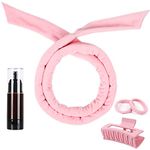 Heatless Hair Curler for Long Hair Heatless Curling Rod Headband Satin Curling Set Overnight Heatless Curls Hair Curler to Sleep In Includes Airless Spray Bottle, Hair Clips, 5 Piece Set （Pink）