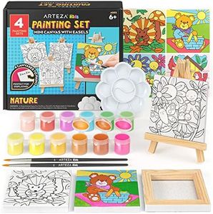 Arteza Kids Nature Painting Kit, 4 Canvases 3 x 3 Inches, 4 Easels, 12 Acrylic Paints, 2 Paint Brushes, 1 Palette, Kids Activities for Ages 6 and Up