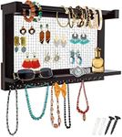 Rustic Jewelry Organizer – Wall Mounted Jewelry Holder with Removable Bracelet Rod, Shelf and 16 Hooks – Perfect Earrings, Necklaces and Bracelets Holder – Vintage Jewelry Display – Dark Brown