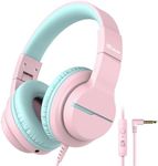 iClever HS19 Kids Headphones with Microphone, Volume Limiter 74/85dBA, Sharing Function Stereo Headphones for Kids Girls Boys, Foldable Over-Ear for Online School/iPad/Chromebooks, Pink