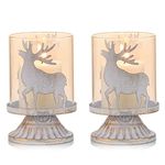 Sziqiqi Vintage Antique Metal Pillar Candle Holders Set of 2, Distressed Hurricane Candlestick Candle Holders Prefer Centerpieces for Christmas Table Mantle Fireplace Decoration, Deer