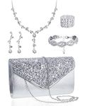 5 Pcs Silver Purse Rhinestone Jewelry Set for Women Rhinestone Clutch Purse Wedding Bride Prom Jewelry Sets Bling Necklace Earrings Bracelets Set for Wedding Evening Party (Stylish Style)