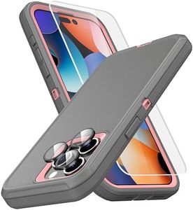 MXX Heavy Duty Made for iphone 15 pro Max Case with Tempered Glass Screen, Camera Lens Protector 3-Layer Full Body Protection Shockproof Dustproof Cover for 15 pro Max Phone Case 6.7"(Gray/Light Pink)