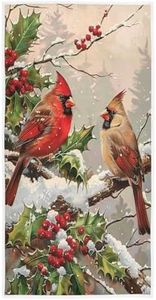 Wamika Cardinal Red Bird Holly Berry Branches Snow Towels Bathroom Bath Towel Ultra Soft Highly Absorbent Multipurpose Large Hand Towel for Hotel,Gym,Sports and Spa Home Decor, 16x30 in