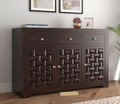 PS DECOR Home Furniture Sheesham Wood Sideboard Cabinet with 3 Drawers and 3 Shelves for Living Room Furniture, Kitchen Cabinet Storage (Walnut Finish)