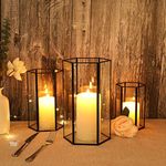 FIAHOSEY Glass Hurricane Candle Holder, Set of 3 Large Clear Hexagon Lanterns Pillar Candle Lantern with Black Metal Frame Wedding Centerpiece Table Decor Home Decorations (Black-Set of 3)