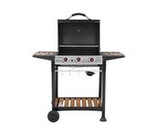 George Foreman 3 Burner Gas BBQ with Automatic Ignition & Integrated Thermometer, Black, Gas Barbecue, 2 Wheels Fitted Rack with 2 Shelves Wood Effect, GFGBBQ3BW