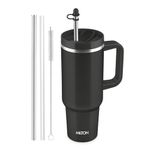 MILTON Malmo 1200 Thermosteel Double Wall Vacuum Insulated Stainless Steel Water Tumbler with Handle 1100ml,Travel Mug with Straw,Silicon Cap,Cleaning Brush,Hot & Cold Beverage Flask,Jet Black