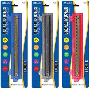 BAZIC Products Paper Punch 3 Hole 1/4" w/ 10" Ruler Paper Guide, Desktop Portable Paper Puncher 5 Sheets Capacity, for Paper Binder Office, 12-Pack