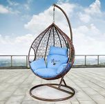 Hindoro Rattan Wicker Wrought Iron Single Seater Swing Chair with Stand & Cushion & Hook Outdoor || Indoor || Balcony || Garden || Patio || Living Outdoor Furniture (Dark Brown with Blue, Egg Shape)