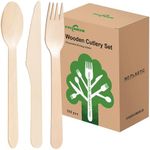 (500 Count) Disposable Wooden Cutlery Set - Alternative to Plastic, Eco Friendly, Biodegradable, Compostable Cutlery Set - 250 Wood Spoons, 150 Wooden Forks, 100 Wooden Knives Disposable Utensils Set