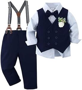 YALLET Toddler Baby Boy Clothes Suit Gentleman Wedding Outfits, Formal Dress Shirt+Bowtie+Vest+Boutonniere+Suspender Pants Navy Blue