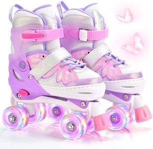 NEMONE 4 Size Adjustable Light up Roller Skates for Girls, Butterfly Roller Skates for Kids Ages 4-6 5-8 6-12 8-12, Todder Beginner Skates Indoor Outdoor Pink Purple S